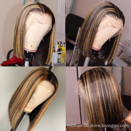 Wholesale Highlight Bob Lace Front Wigs , Colored Human Hair Front Lace Part 150% Density For Black Women